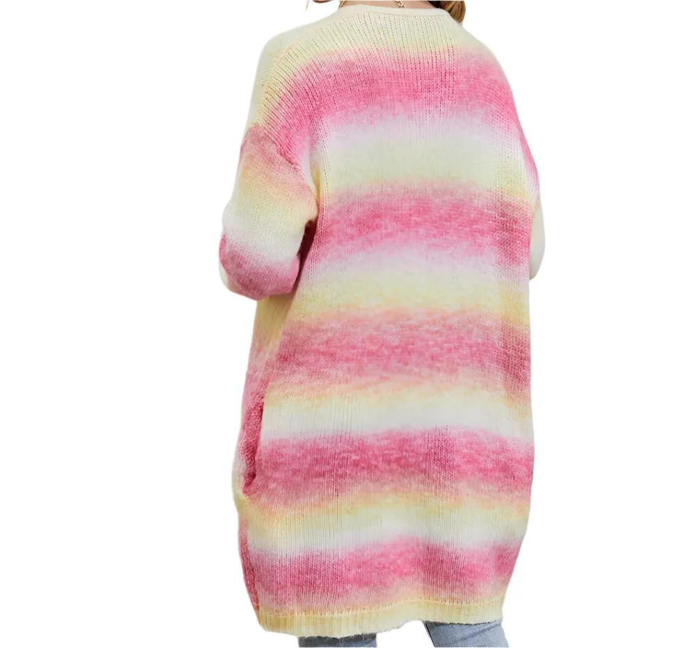 Rainbow Pocket Knitted Tie-Dyed Mid-Length Cardigan