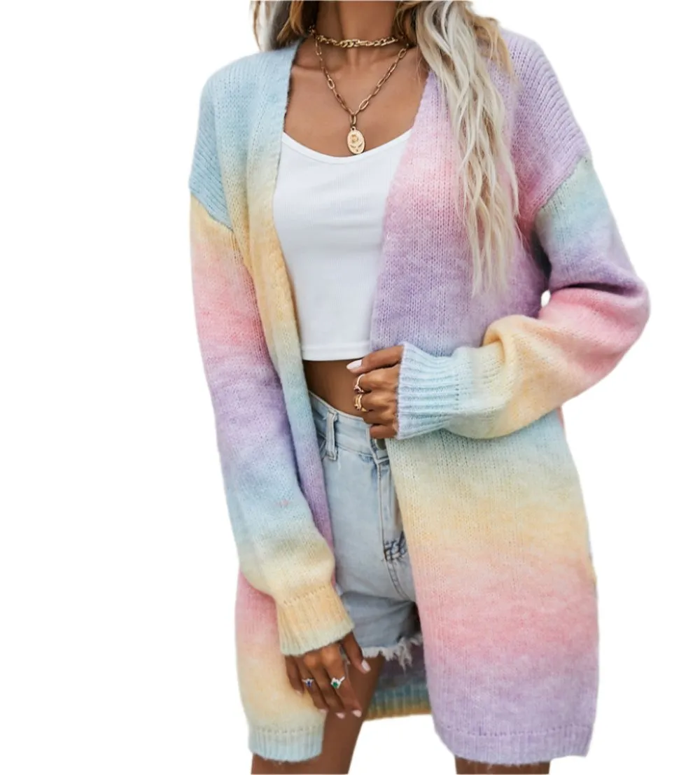 Rainbow Pocket Knitted Tie-Dyed Mid-Length Cardigan