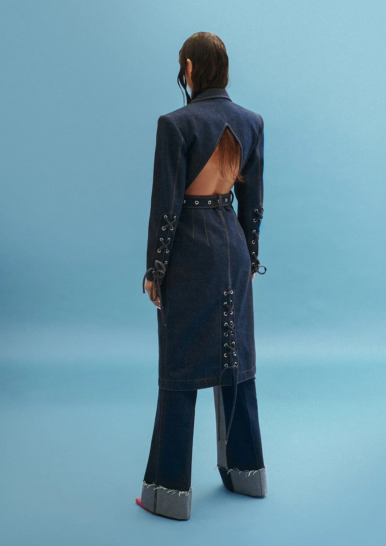 Single-Breasted Cut-Out Denim Trench Coat