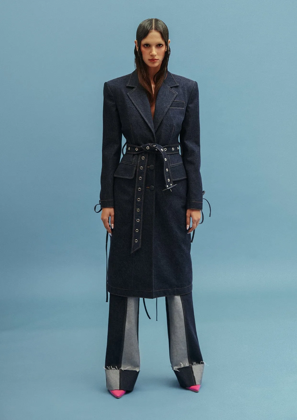 Single-Breasted Cut-Out Denim Trench Coat