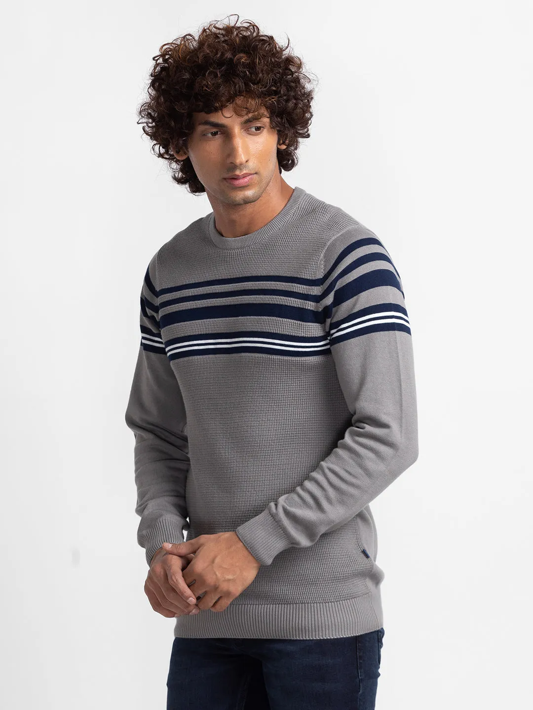 Spykar Cement Grey Navy Cotton Full Sleeve Casual Sweater