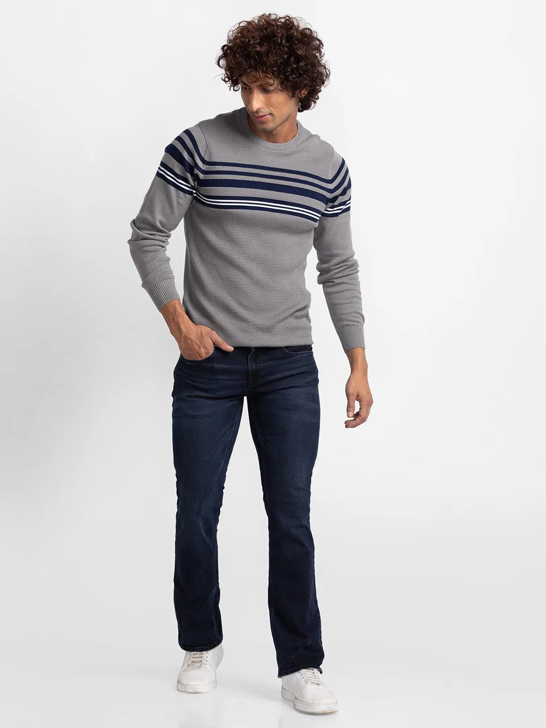 Spykar Cement Grey Navy Cotton Full Sleeve Casual Sweater