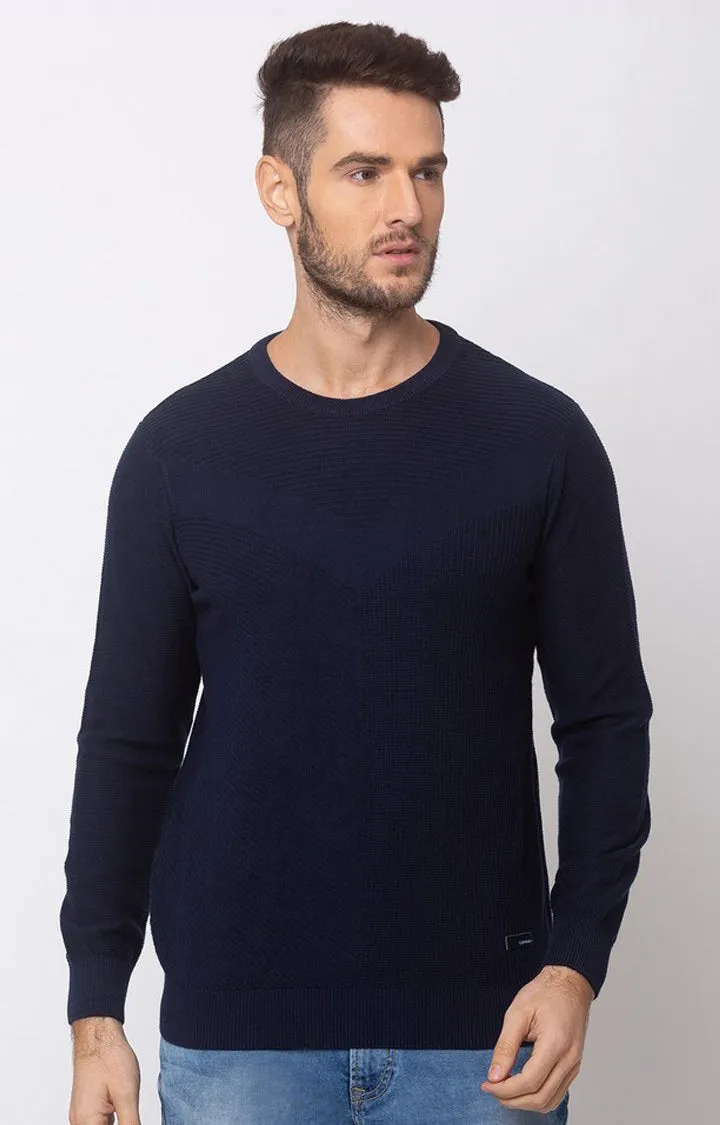 Spykar Navy Blue Cotton Regular Fit Sweater For Men