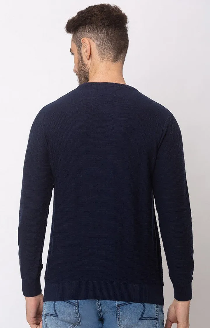 Spykar Navy Blue Cotton Regular Fit Sweater For Men