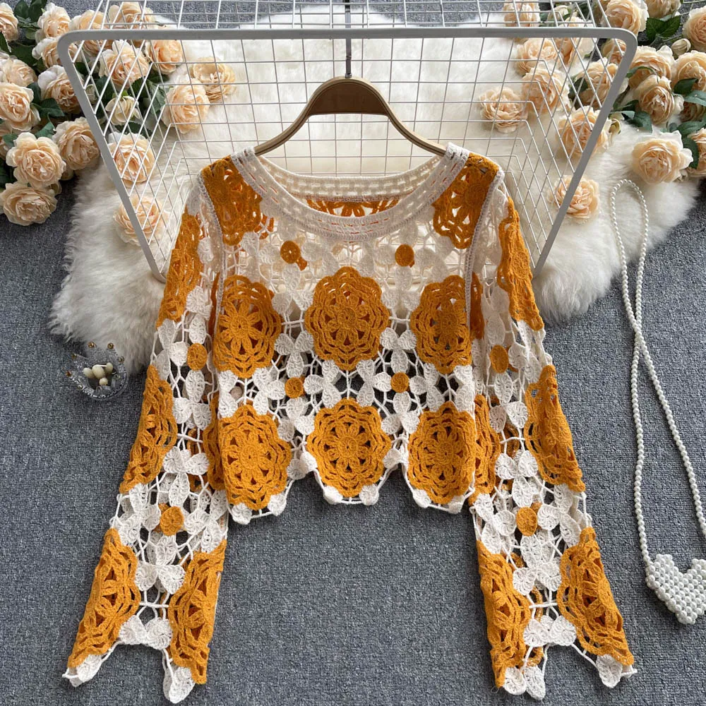 Stylish Crochet Lace Long Sleeve Top     S135