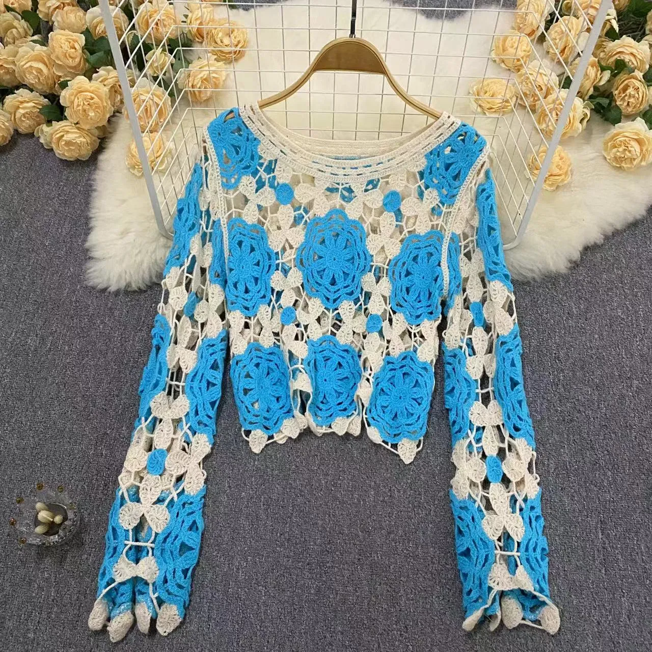 Stylish Crochet Lace Long Sleeve Top     S135