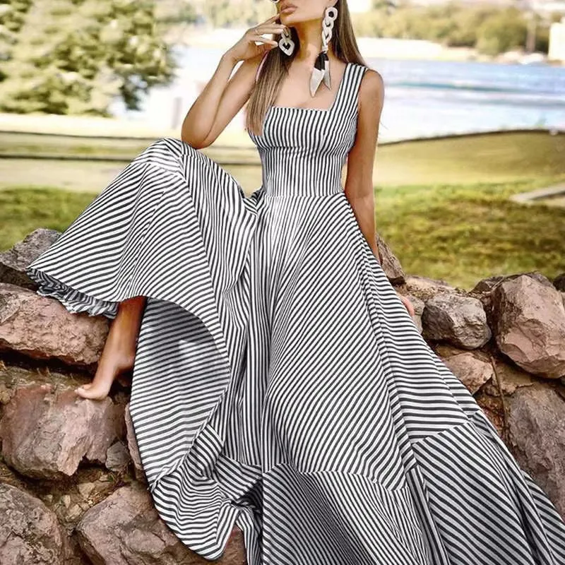 Summer Elegant Striped Pattern Sleeveless Maxi Dress for Women