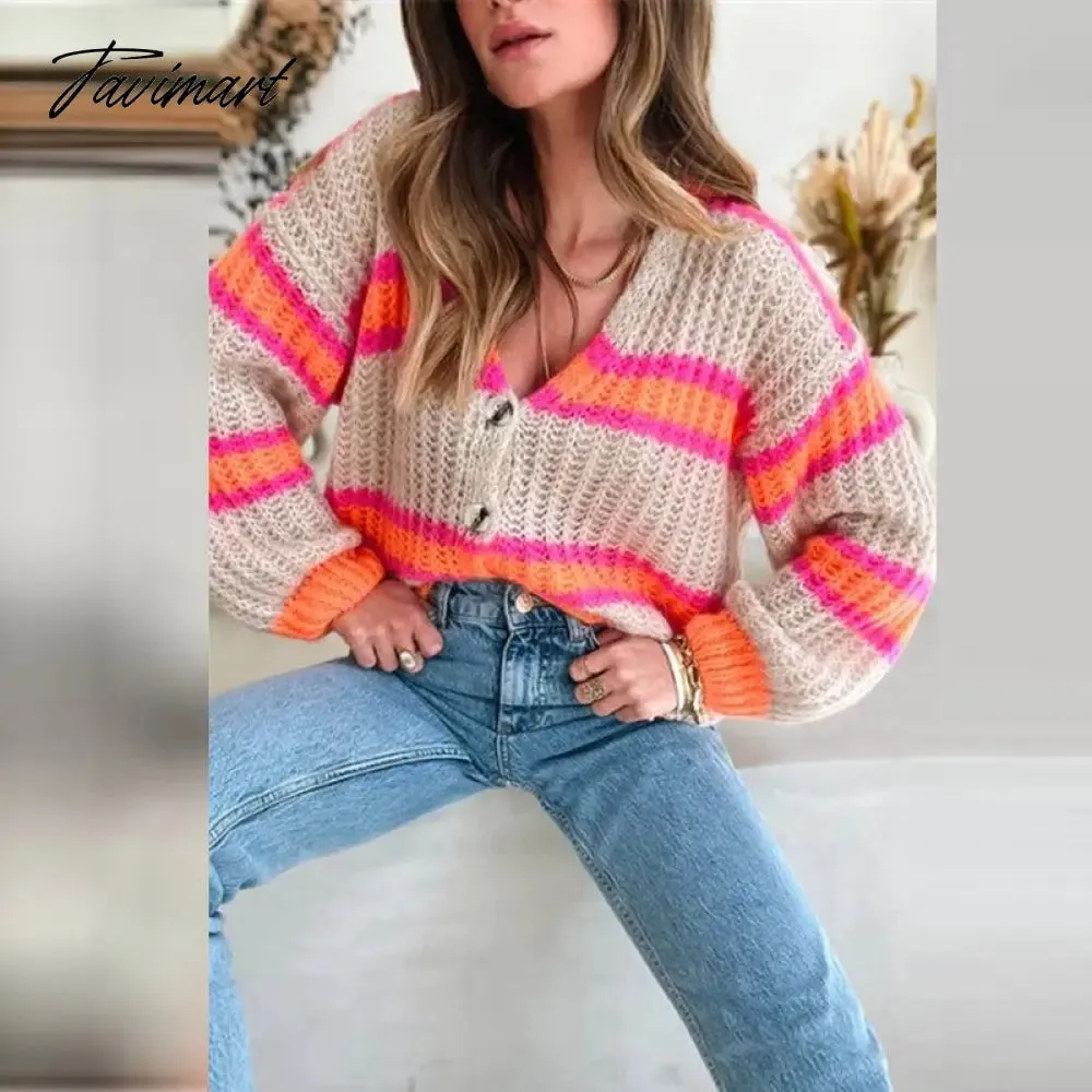 Tavimart Casual Women Long Sleeve Button Cardigan Tops Ladies Sweet New Colorful Sweaters Fashion Contrast Striped Loose V-Neck Sweater