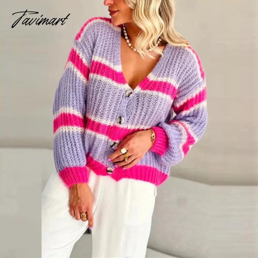 Tavimart Casual Women Long Sleeve Button Cardigan Tops Ladies Sweet New Colorful Sweaters Fashion Contrast Striped Loose V-Neck Sweater