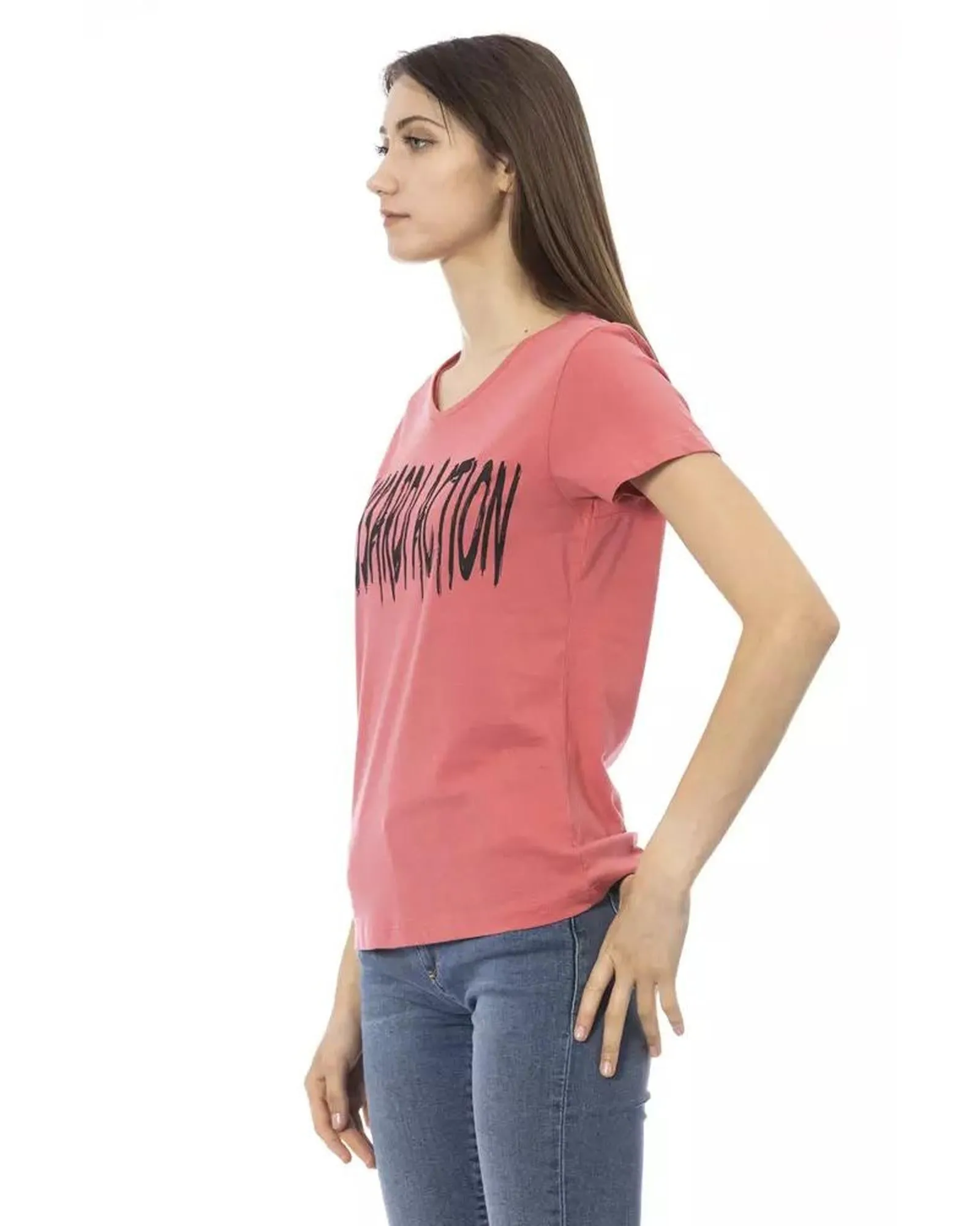 Trussardi Action Womens Coral VNeck TShirt with Logo Print