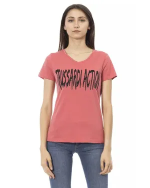 Trussardi Action Womens Coral VNeck TShirt with Logo Print