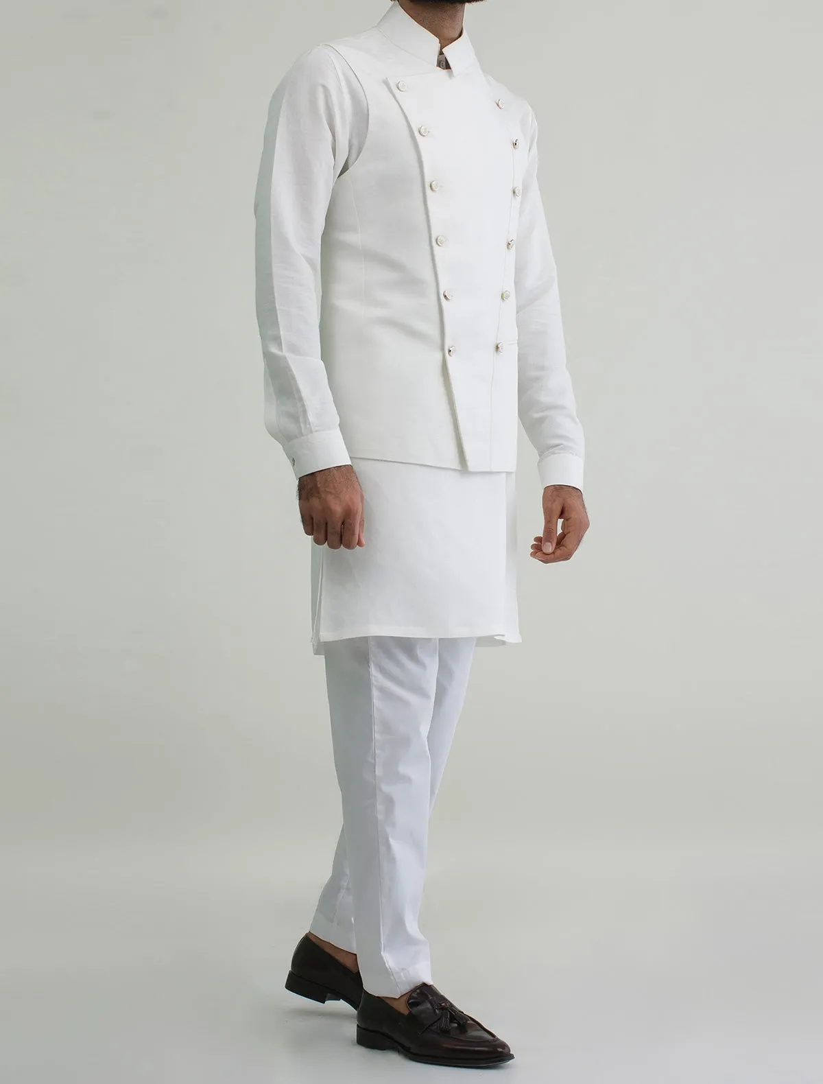 WHITE DOUBLE BREASTED MILITARY STYLE LINEN WAISTCOAT