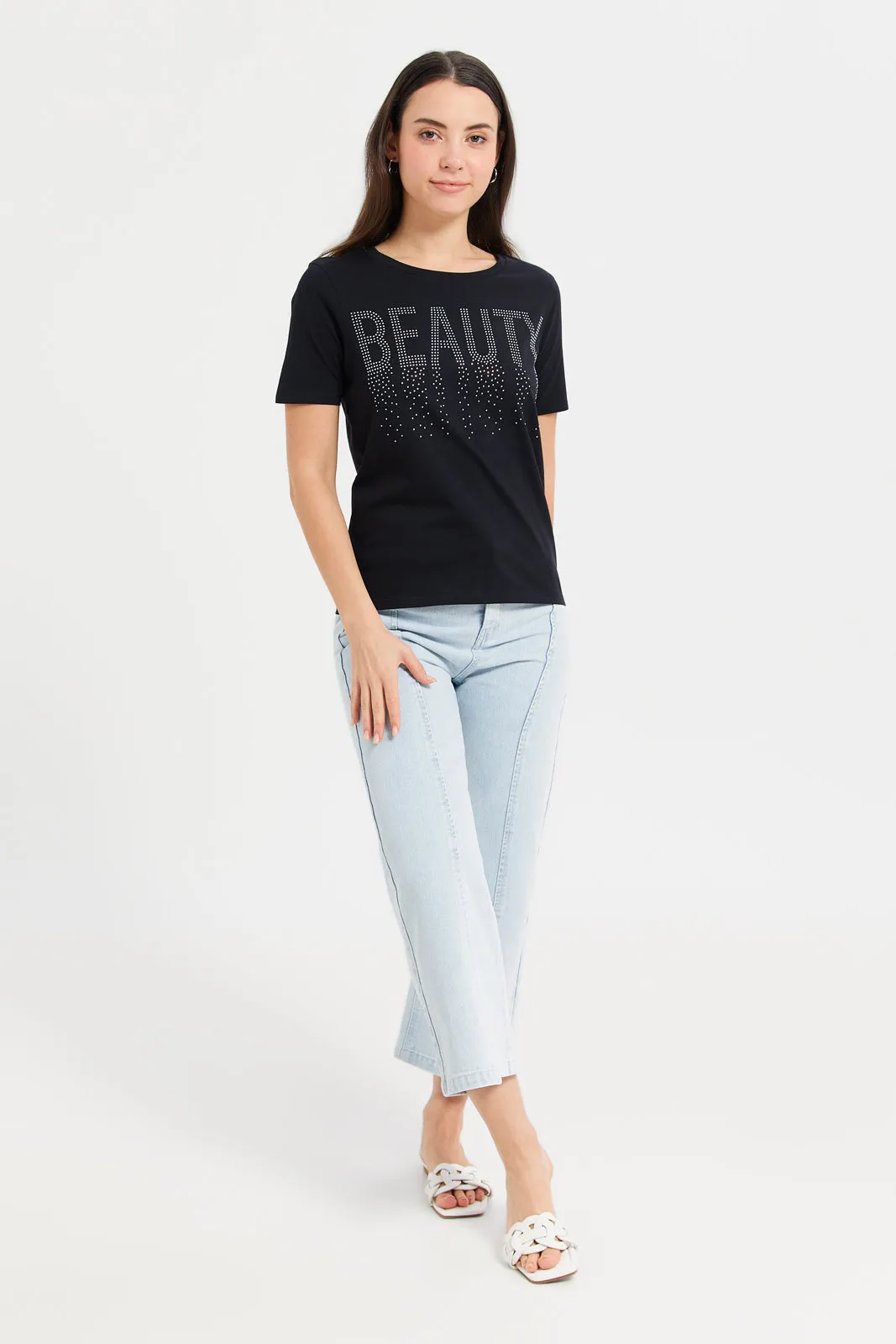 Women Black Beauty Embellished T-Shirt