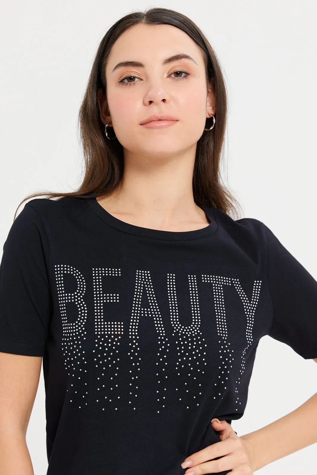 Women Black Beauty Embellished T-Shirt