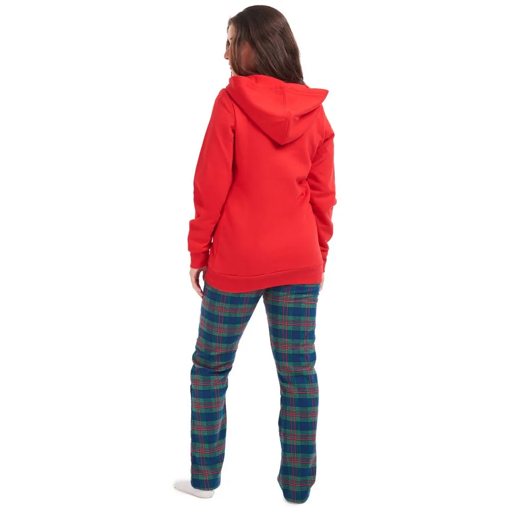 Women Winter Pajama Set Deer Sweatshirt   Maroon Checkered Pants